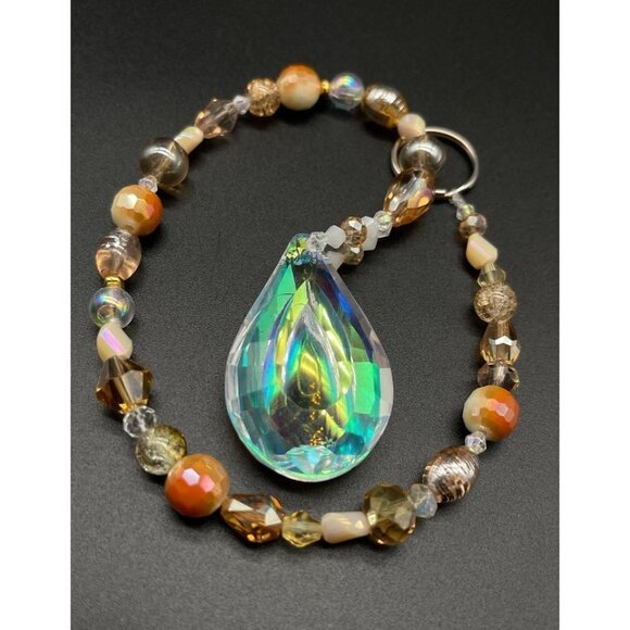 Beaded Suncatcher - Champagne Gold - Clear Crystal Prism - Hanging Decor - Picture 4 of 16